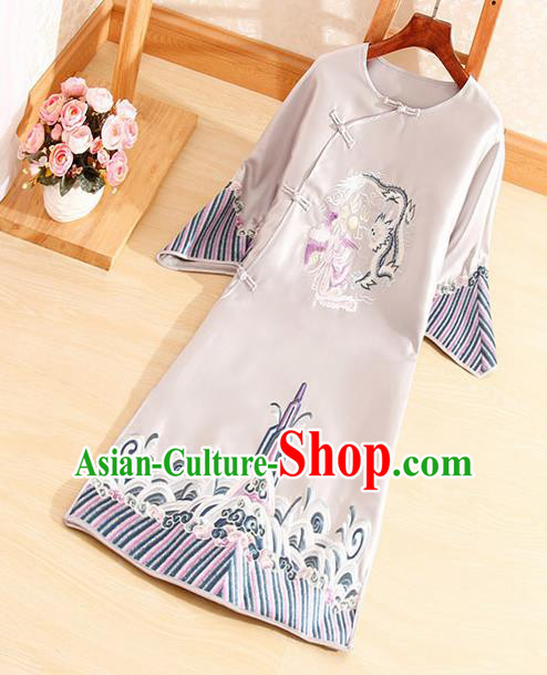 Traditional Chinese National Embroidered Dragon Phoenix Grey Qipao Dress Tang Suit Cheongsam Costume for Women