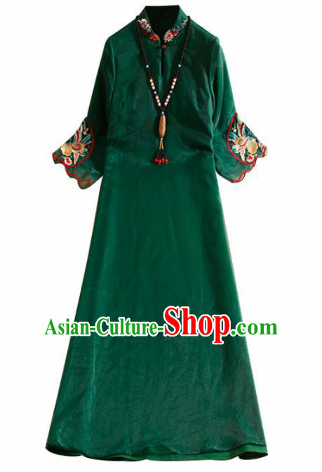 Traditional Chinese National Embroidered Butterfly Deep Green Qipao Dress Tang Suit Cheongsam Costume for Women