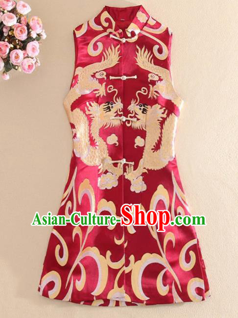 Chinese Traditional Wine Red Brocade Vest National Dress Tang Suit Waistcoat for Women