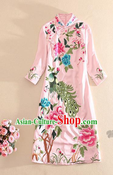 Traditional Chinese National Embroidered Peacock Peony Pink Qipao Dress Tang Suit Cheongsam Costume for Women