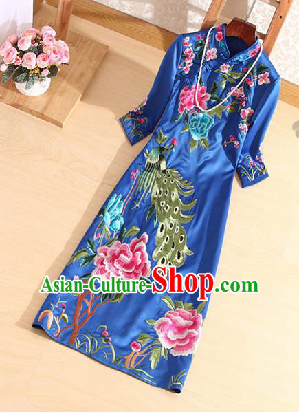 Traditional Chinese National Embroidered Peacock Peony Royalblue Qipao Dress Tang Suit Cheongsam Costume for Women