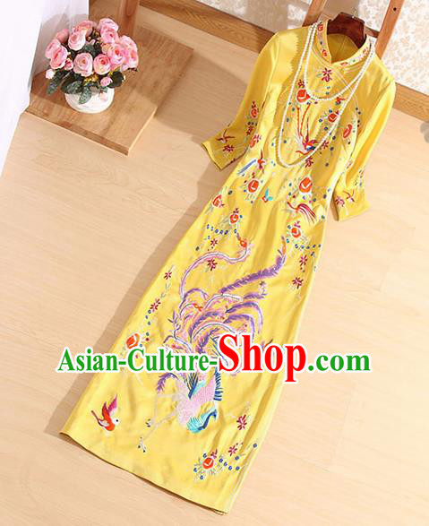 Traditional Chinese National Embroidered Phoenix Yellow Qipao Dress Tang Suit Cheongsam Costume for Women