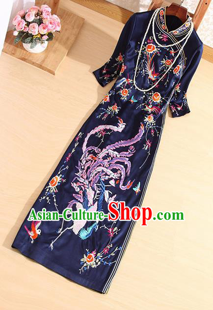 Traditional Chinese National Embroidered Phoenix Navy Qipao Dress Tang Suit Cheongsam Costume for Women