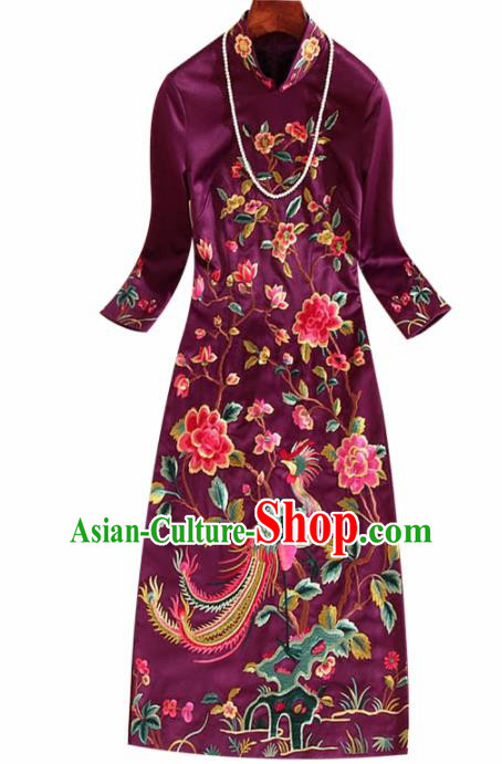 Traditional Chinese National Embroidered Phoenix Peony Purple Qipao Dress Tang Suit Cheongsam Costume for Women