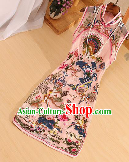 Traditional Chinese National Embroidered Peacock Birds Pink Qipao Dress Tang Suit Cheongsam Costume for Women