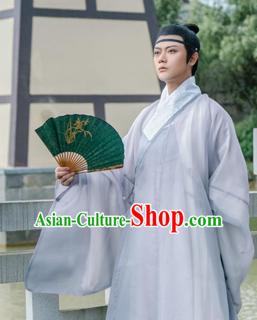 Traditional Chinese Ming Dynasty Scholar Grey Robe Ancient Nobility Childe Taoist Priest Historical Costumes for Men