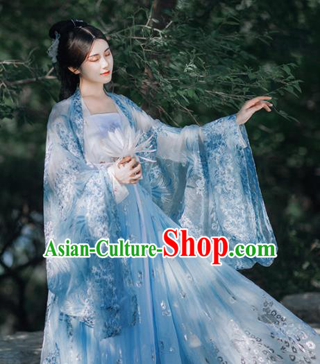 Traditional Chinese Tang Dynasty Court Infanta Blue Hanfu Dress Ancient Royal Princess Historical Costumes for Women