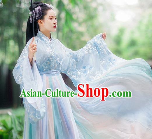 Traditional Chinese Jin Dynasty Imperial Consort Blue Hanfu Dress Ancient Royal Princess Historical Costumes for Women