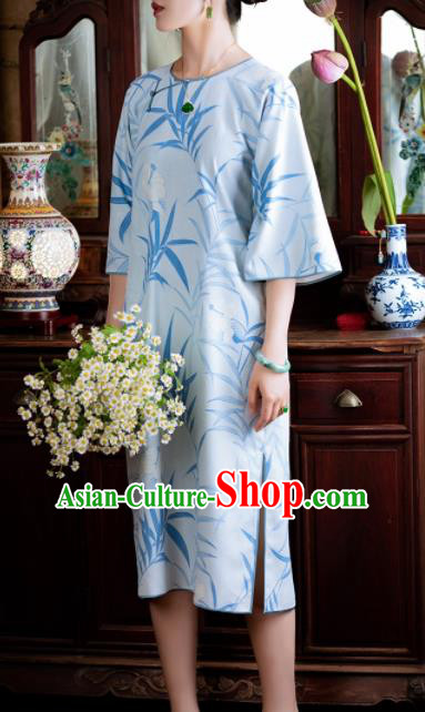 Traditional Chinese National Printing Bamboo Light Blue Qipao Dress Tang Suit Cheongsam Costume for Women