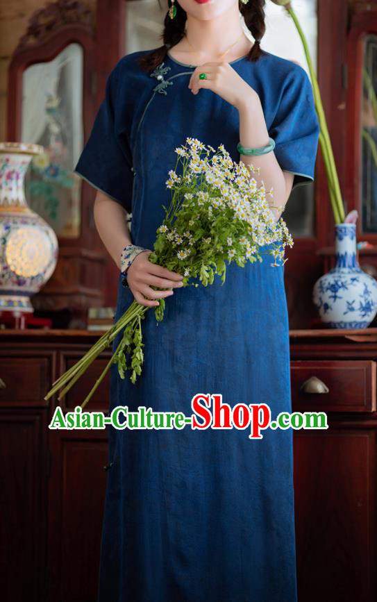 Traditional Chinese National Deep Blue Silk Qipao Dress Tang Suit Cheongsam Costume for Women