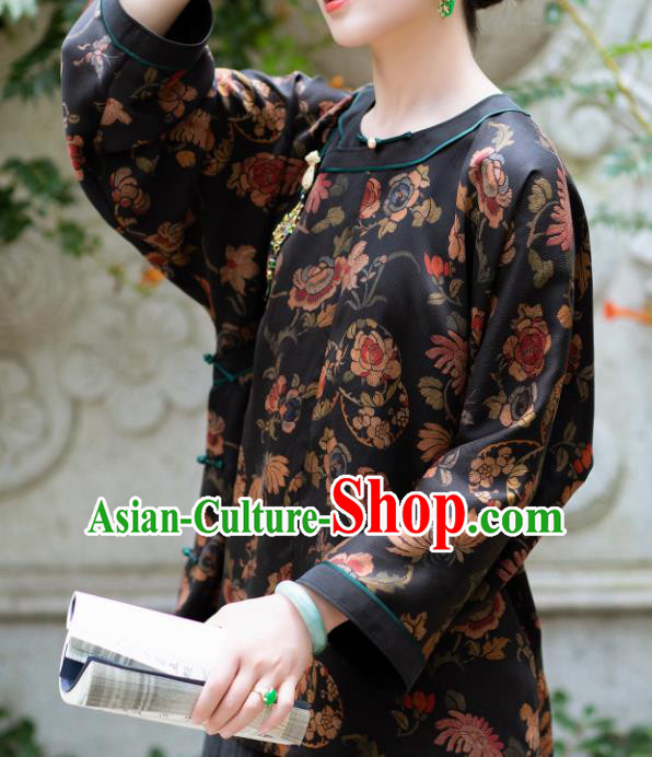 Chinese Traditional Tang Suit Printing Black Silk Blouse National Costume Republic of China Qipao Upper Outer Garment for Women