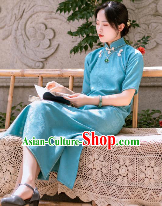 Traditional Chinese Late Qing Dynasty Lake Blue Silk Qipao Dress National Tang Suit Cheongsam Costume for Women