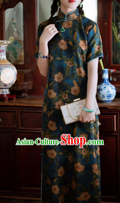 Traditional Chinese National Printing Deep Blue Silk Qipao Dress Tang Suit Cheongsam Costume for Women