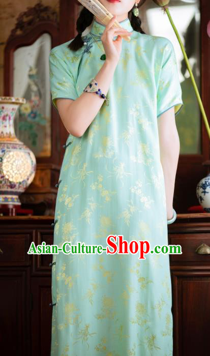 Traditional Chinese National Printing Light Green Silk Qipao Dress Tang Suit Cheongsam Costume for Women