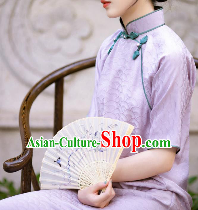Traditional Chinese Late Qing Dynasty Lilac Silk Qipao Dress National Tang Suit Cheongsam Costume for Women