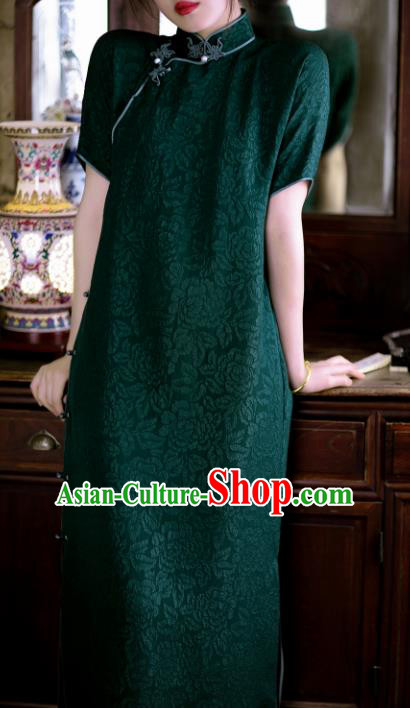 Traditional Chinese Late Qing Dynasty Deep Green Silk Qipao Dress National Tang Suit Cheongsam Costume for Women