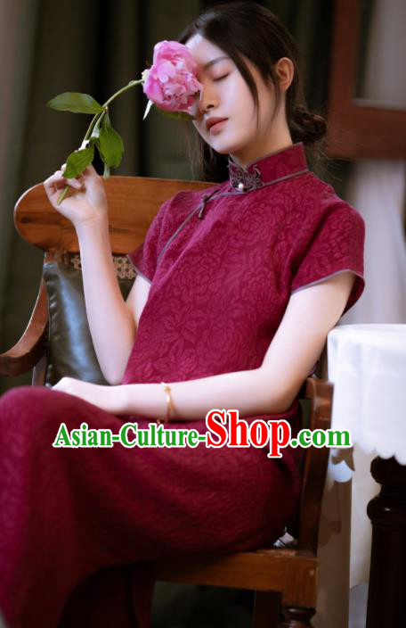 Traditional Chinese Wine Red Silk Qipao Dress National Tang Suit Cheongsam Costume for Women