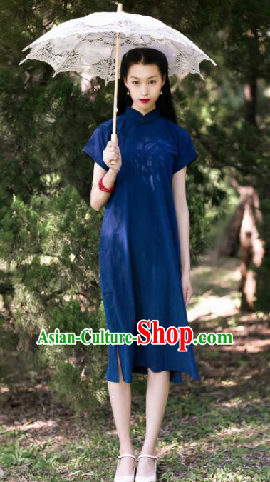 Traditional Chinese Deep Blue Silk Qipao Dress National Tang Suit Cheongsam Costume for Women