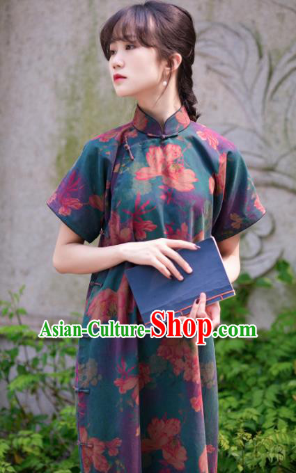 Traditional Chinese Printing Lotus Deep Green Qipao Dress National Tang Suit Cheongsam Costume for Women