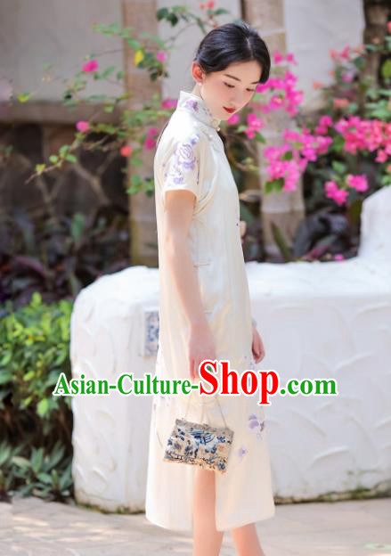 Traditional Chinese Embroidered White Silk Qipao Dress National Tang Suit Cheongsam Costume for Women