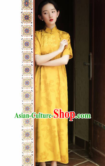 Traditional Chinese Yellow Silk Qipao Dress National Tang Suit Cheongsam Costume for Women