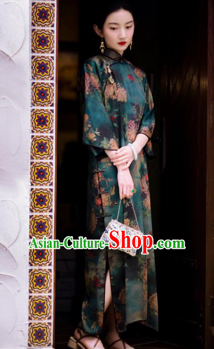 Traditional Chinese Printing Deep Green Silk Qipao Dress National Tang Suit Cheongsam Costume for Women