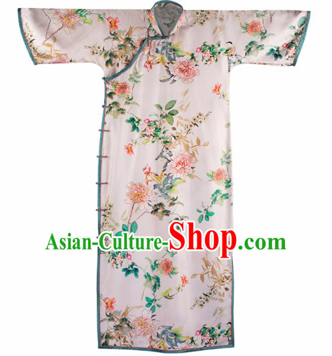 Traditional Chinese Printing White Silk Qipao Dress National Tang Suit Cheongsam Costume for Women