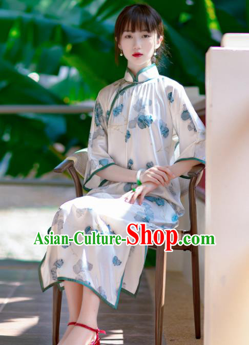 Traditional Chinese Printing White Qipao Dress National Tang Suit Cheongsam Costume for Women