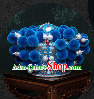 Chinese Traditional Beijing Opera Takefu Hat Peking Opera Blue Venonat Helmet for Men