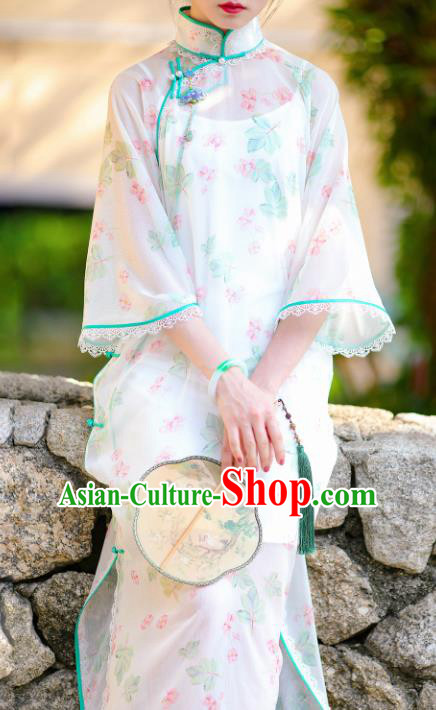 Traditional Chinese Printing White Qipao Dress National Tang Suit Cheongsam Costume for Women
