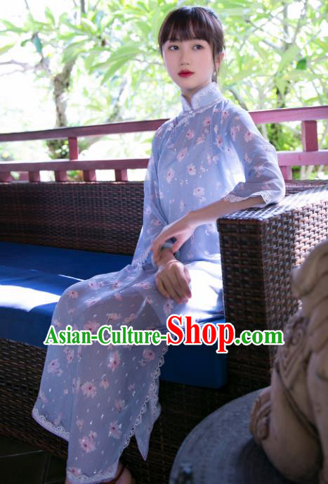 Traditional Chinese Printing Violet Qipao Dress National Tang Suit Cheongsam Costume for Women