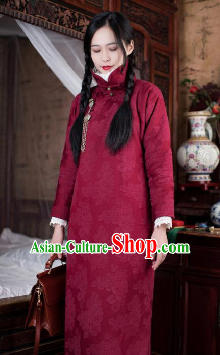 Traditional Chinese Winter Wine Red Qipao Dress National Tang Suit Cheongsam Costume for Women