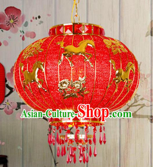 Chinese Traditional New Year Carving Horse Red Palace Lantern Handmade Hanging Lantern Asian Ceiling Lanterns Ancient Lamp