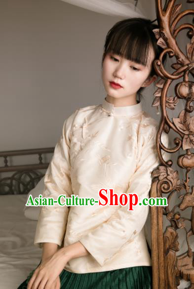 Chinese Traditional Tang Suit Beige Silk Shirt National Costume Republic of China Qipao Upper Outer Garment for Women