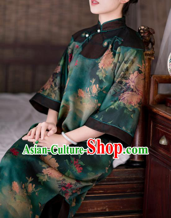Traditional Chinese Printing Peony Green Silk Qipao Dress National Tang Suit Cheongsam Costume for Women