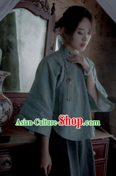 Chinese Traditional Tang Suit Green Flax Shirt National Costume Republic of China Qipao Upper Outer Garment for Women