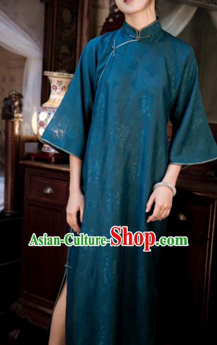 Traditional Chinese Peacock Blue Qipao Dress National Tang Suit Cheongsam Costume for Women