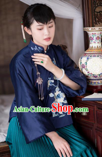 Chinese Traditional Tang Suit Navy Jacket National Costume Republic of China Qipao Upper Outer Garment for Women