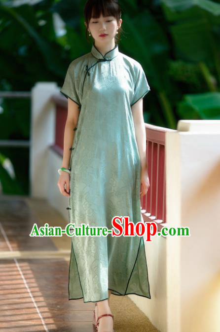 Traditional Chinese Light Green Silk Qipao Dress National Tang Suit Cheongsam Costume for Women