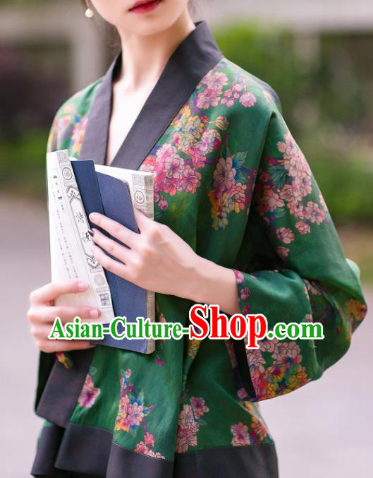 Chinese Traditional Tang Suit Printing Green Silk Shirt National Costume Republic of China Qipao Upper Outer Garment for Women