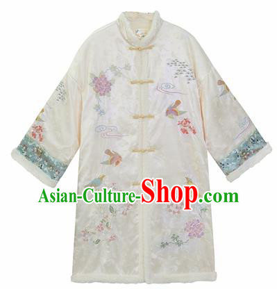 Chinese Traditional Tang Suit White Cotton Padded Coat National Costume Republic of China Qipao Upper Outer Garment for Women