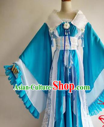 Chinese Traditional Cosplay Goddess Princess Blue Costume Ancient Imperial Consort Hanfu Dress for Women