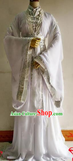 Chinese Traditional Cosplay Crown Prince Costume Ancient Taoist Swordsman White Hanfu Clothing for Men