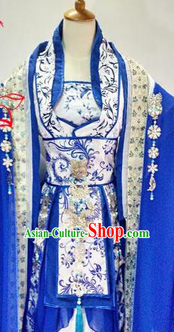 Chinese Traditional Cosplay Goddess Royalblue Costume Ancient Royal Princess Hanfu Dress for Women