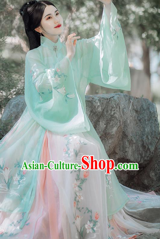 Traditional Chinese Ming Dynasty Palace Lady Green Hanfu Dress Ancient Court Princess Historical Costumes for Women