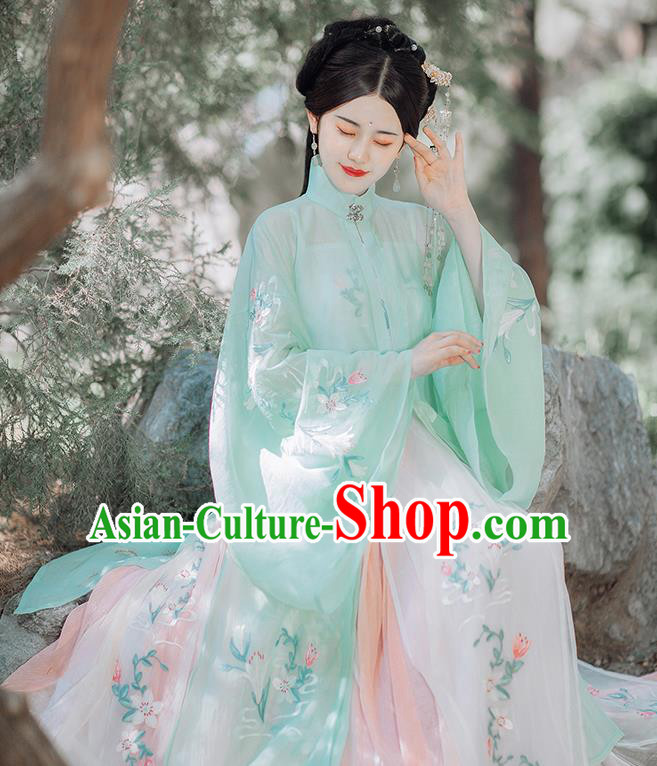 Traditional Chinese Ming Dynasty Palace Lady Green Hanfu Dress Ancient Court Princess Historical Costumes for Women