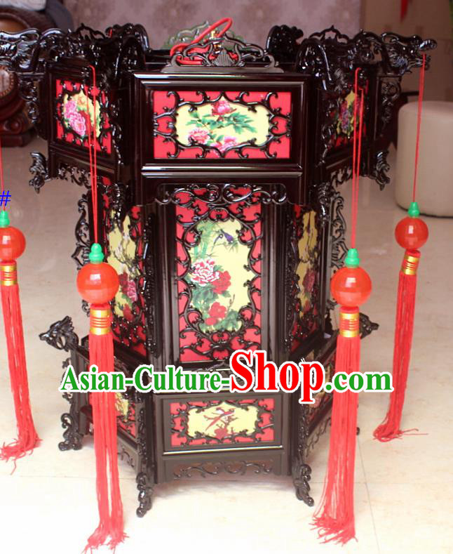 Chinese Traditional New Year Printing Peony Wood Palace Lantern Asian Handmade Lantern Ancient Lamp