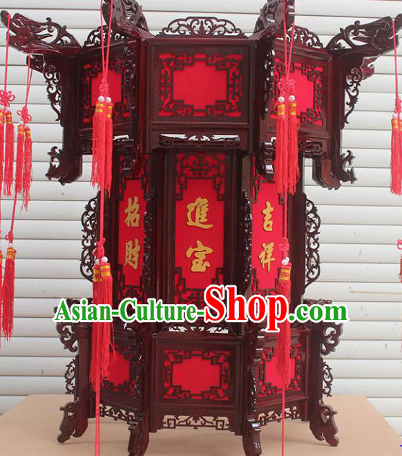 Chinese Traditional Handmade Carving Dragon Rosewood Palace Lantern Asian New Year Lantern Ancient Lamp