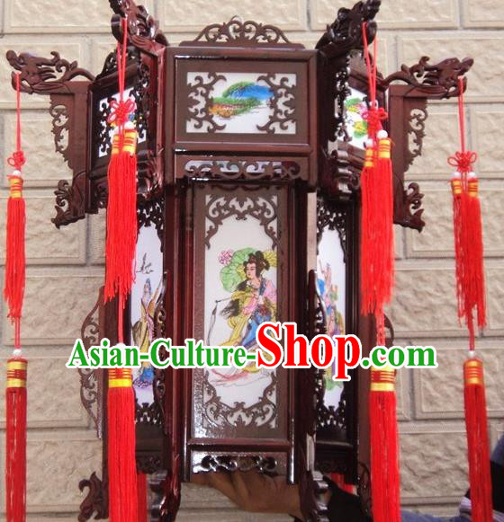 Chinese Traditional Handmade Printing Eight Immortals Carving Rosewood Palace Lantern Asian New Year Lantern Ancient Lamp