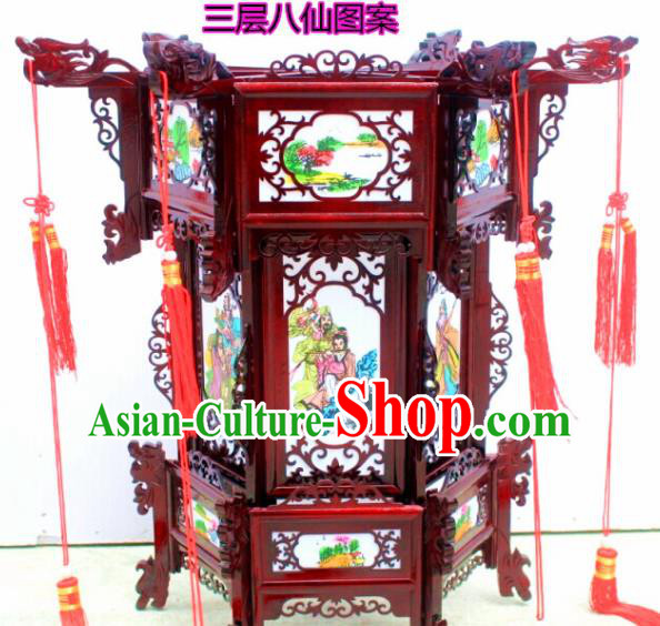 Chinese Traditional Handmade Printing Eight Immortals Carving Rosewood Palace Lantern Asian New Year Lantern Ancient Lamp